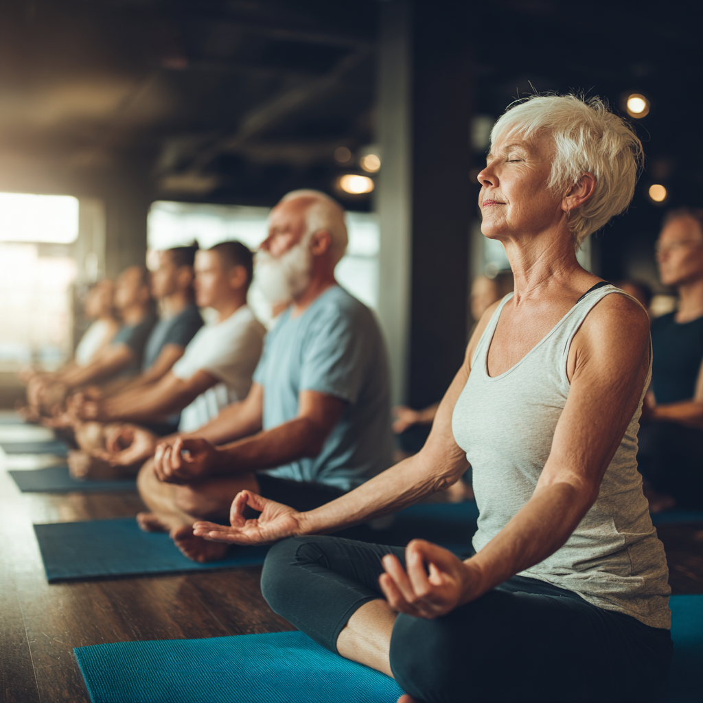 Mature adults practicing peaceful yoga exercises in harmonious group setting