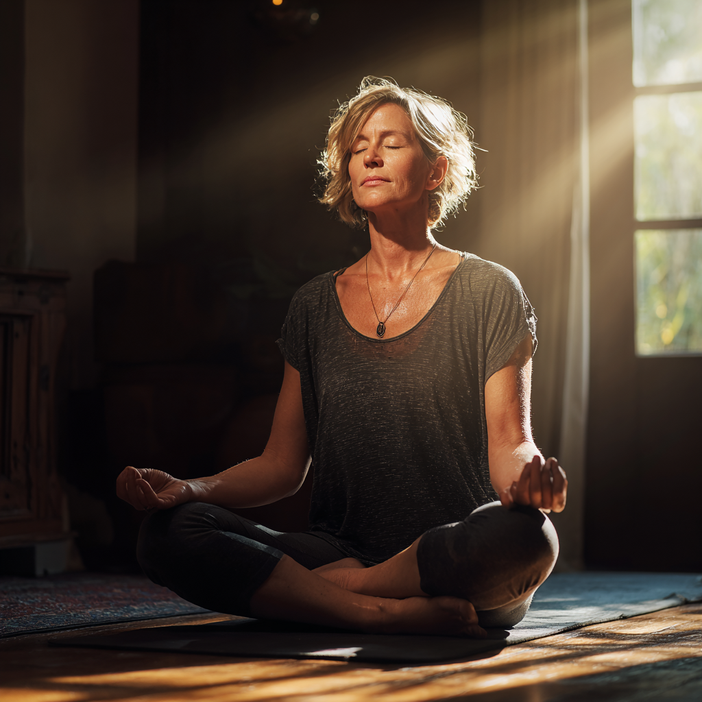 Serene middle-aged woman practicing mindful yoga poses in artistic natural lighting